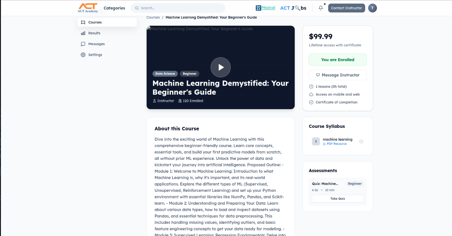 ACT E-Learning course listing example